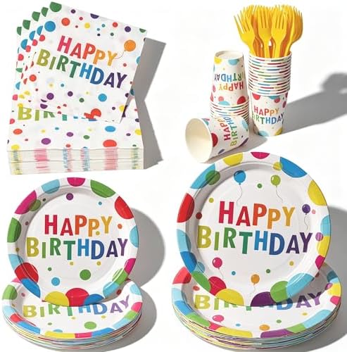 144 Pcs Birthday Party Tableware Set for 24 Guests, Heavy-Duty 7" & 9" Paper Plates, Cups, 2-Ply 13" Napkins & Plastic Forks, Disposable Rainbow Confetti "Happy Birthday" Party Supplies by COSINIA