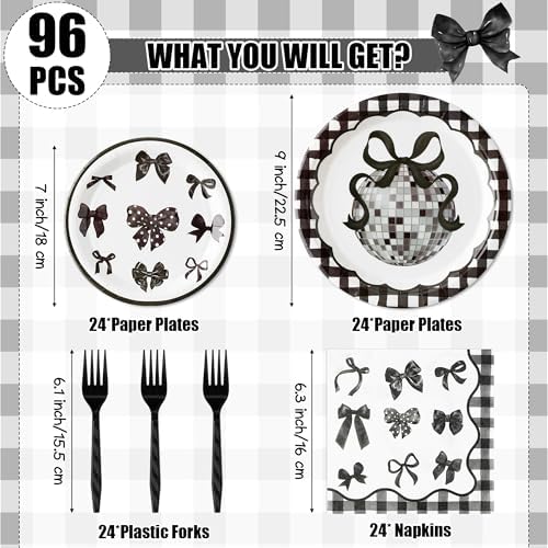 96Pcs Black Bow Coquette Watercolor Disco Ball Party Plates Supplies - Party Tableware Decorations Disposable Paper Plates Napkins Forks for Birthday Bachelorette Engagement, Serves 24 - Image 2