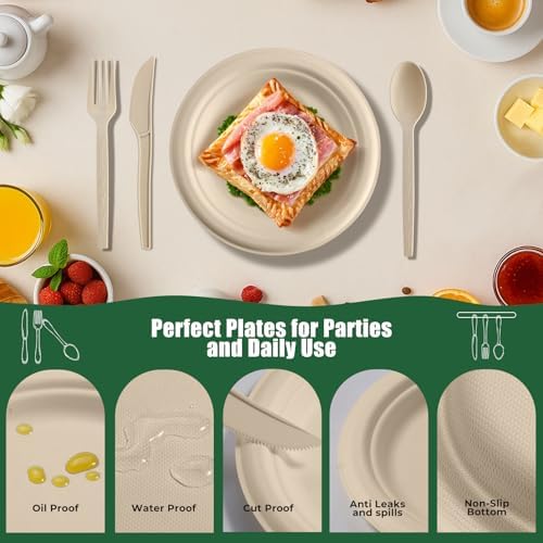 250 Piece Biodegradable Paper Plates Set Disposable Dinnerware Set, Eco Friendly Compostable (EXTRA LONG UTENSILS), Utensil include, Forks, Knives and Spoons for Party andBirthday party, camping - Image 4