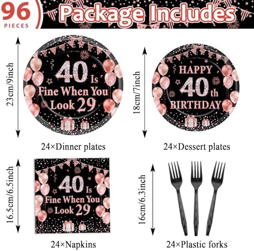 96PCS 40th Birthday Paper Plates and Napkins for 40 Is Fine When You Look 29 Themed Party Supplies Black Rose Gold Dinnerware Set for Women Cheers to Forty Birthday Gatherings Decorations - Image 2