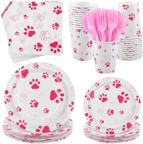 Kochorie 144 Pieces Pink Paw Print Party Tableware Sets Including Disposable Plates Napkins Cups Forks Serves 24 for Dog Puppy Theme Party Supplies by Kochorie