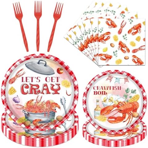 Gameza Crawfish Boil Party Decorations, 96PCS Crawfish Paper Plates Napkins Table Birthday Decoration, Crayfish Crab Seafood Shrimp Theme Forks Decor Supplies for Summer Serve 24 by GAMEZA