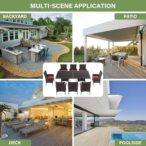 ALAULM 10 Piece Patio Dining Set All-Weather Wicker Outdoor Dining Table and Chairs w/Tempered Glass Tabletop, Removable Cushions and Umbrella Hole for Patio, Backyard, Garden, Poolside (Red) - Image 7