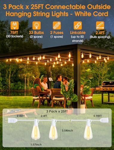Larkvue 75FT(3x25FT) Outdoor String Lights, Patio Lights with 30+3 LED Dimmable Waterproof Connectable ST38 Bulbs for Gazebo Backyard Christmas, White - Image 2