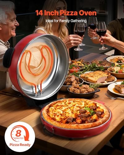 VEVOR 14 in Pizza Oven Indoor, XL Large Electric Pizza Maker, 1600W Home Compact Pizzas Cooker with Timer & Temp Knob, 5 Heating Level, Max 698 ˚F Countertop Oven with Cutter & Scraper, Retro Red - Image 2