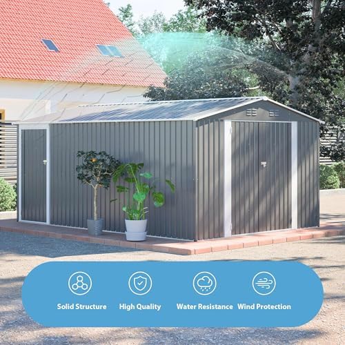 YOPTO 10x14 FT Outdoor Storage Shed,Metal Shed W/Lockable Doors & Floor Frame,Garden Tool House W/Sloped Roof & 4 Air Vents,for Backyard Patio Lawn,Light Gray - Image 5