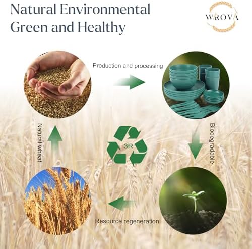 Wrova wheat straw bowls,plates,cups and cutlery sets 28 pcs - Dishwasher safe dish sets for kitchen, camping, indoors and outdoors.Green - Image 6