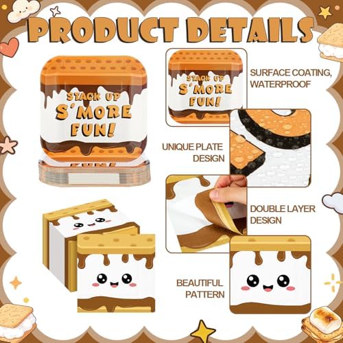 Yungyan 100 Pcs S'mores Camping Love Fun Paper Plates Napkin Set S'mores Campfire Party Decor 9" Disposable Tableware Plate 13" Napkins for Camper Birthday Christmas Baby Shower Family Favor Supplies - Image 3