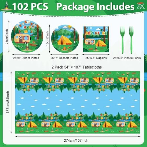 OBUSATT Camping Party Decoration Happy Camper Party Plates Napkins Tablecloth Camping Adventure Party Supplies Camping Birthday Disposable Tableware Set for Camping Themed Events Supplies Serve 25 - Image 2
