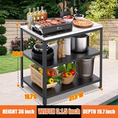 Stainless Steel Outdoor Prep Table, 3-Tier Heavy Duty Outdoor Grill & BBQ Prep Station, Rust-Resistant Utility Table for Patio, Pizza Oven, Garage & Food Prep (No Sink) - Image 2