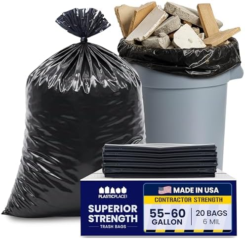 Plasticplace Contractor Garbage Bags: 55 Gallon Trash Bags Heavy Duty, Big Black Trash Bags, 36"x58", 6.0 Mil, Pack of 20 - Image 2