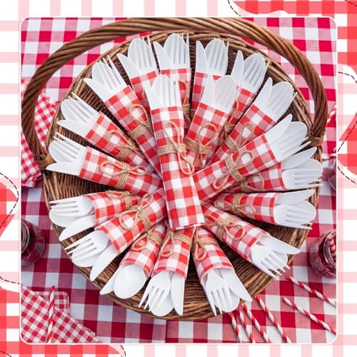 200 Pcs BBQ Party Supplies Red White Gingham Disposable Tableware - Image 6