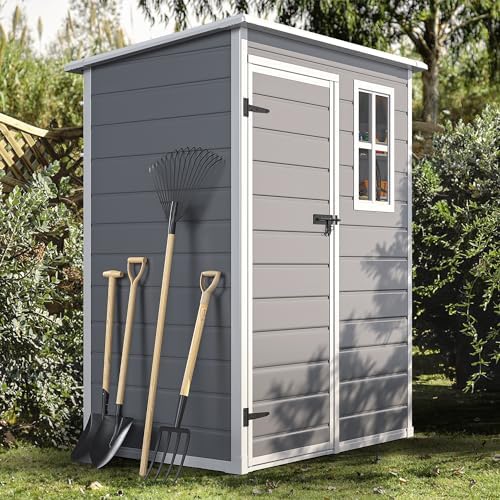 DWVO 5x3 FT Outdoor Storage Shed with Floor, All-Weather Resin Storage Shed with Window & Lockable Door, Waterproof Plastic Tool Storage for Garden Patio, Gray by DWVO