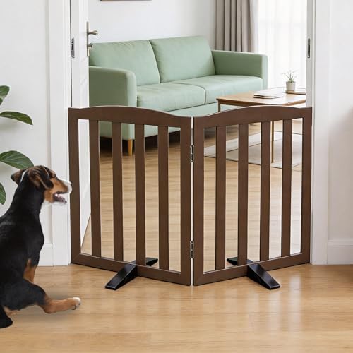 Freestanding Dog Gate Indoor,Doggie Gate Foldable Pet Gates for Doorways,Stairs or Hallways, Wooden Brown Pet Gate for the House, Pet Fence with Support Feet Included,24 "Height-2 Panels by SFJC