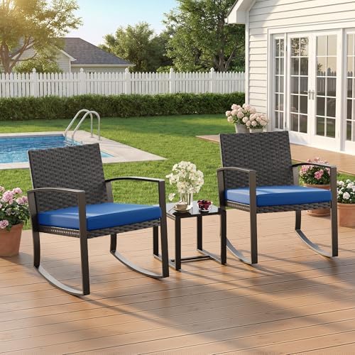 Qsun 3 Piece Patio Bistro Set Patio Furniture Set Outdoor Wicker Rocking Furniture Conversation Set with Tempered Glass Coffee Table for for Front Porch Balcony and Deck (Blue Cushion) - Image 4