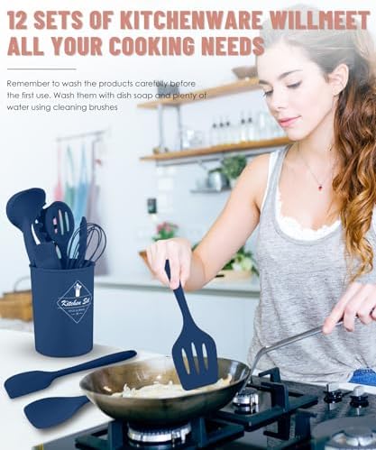 Blue Kitchen Utensils Set-12 Pieces Silicone Cooking Utensils Set - Image 4