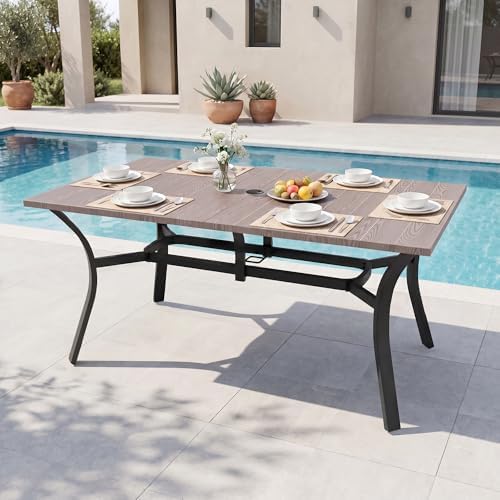 63'' Outdoor Dining Table for 6, Metal Patio Dining Table with Umbrella Hole, Anti-Rust Waterproof Square Table for Porch Deck Poolside Garden Backyard by CHINNLUU