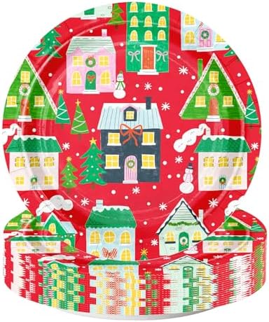 WRAPAHOLIC 25Pcs Christmas Paper Plates - 9 Inch Christmas Village House Disposable Plates Decorative Dinner Plates for Holiday Party Tableware Supplies Table Decor by WRAPAHOLIC