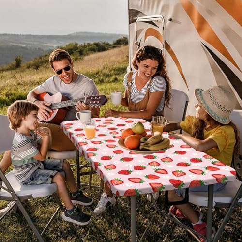 Strawberry Picnic Table Cover with Bench Covers and Bag, Camping Essentials, Berry Waterproof Windproof, Fitted Tablecloth Cover with Elastic Edge for Outdoor Garden 3 PCS 30x96 Inch - Image 2