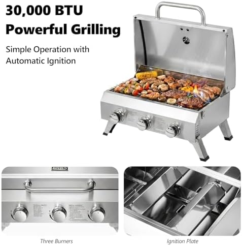 Bonnlo 3 Burner Portable Gas Grill, 30,000 BTU Tabletop Camping Grill with Ignition & Lockable Lid, Stainless Steel Propane Grill with Foldable Legs & Thermometer for Outdoor Patio BBQ RV Use - Image 2