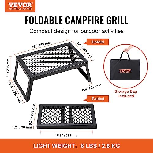 VEVOR Folding Campfire Grill, 18" Portable Camping Grates Over Fire Pit, Heavy Duty Steel Mesh Grate, Camp Fire Cooking Equipment with Legs Carrying Bag, Grilling Rack for Outdoor Open Flame Cooking - Image 2