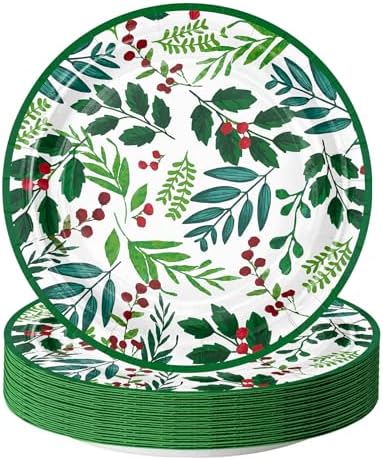 WRAPAHOLIC 25Pcs Christmas Paper Plates - 9 Inch Seasonal Holly Disposable Plates Decorative Dinner Plates for Christmas Party Tableware Supplies Table Decor by WRAPAHOLIC