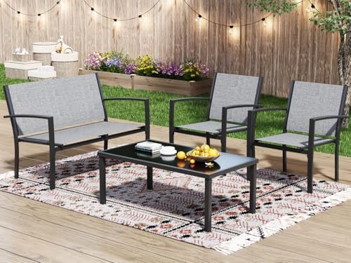 Greesum 4 Pieces Patio Furniture Set, Outdoor Conversation Sets for Patio, Lawn, Garden, Poolside with A Glass Coffee Table, Gray - Image 3