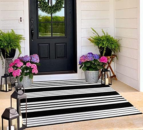 Black and White Outdoor Rug 3'x 5',Striped Farmhouse Front Porch Mat by BUAGETUP