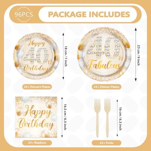 96Pcs Happy 40th Birthday White and Gold Party Decorations,Serves 24 - Image 5