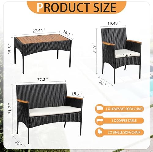Shintenchi 4-Piece Patio Furniture Set, Outdoor Wicker Patio Conversation Furniture Set with Cushions and Wooden Tabletop for Paito Lawn Backyard Pool Garden, Black Rattan - Image 3