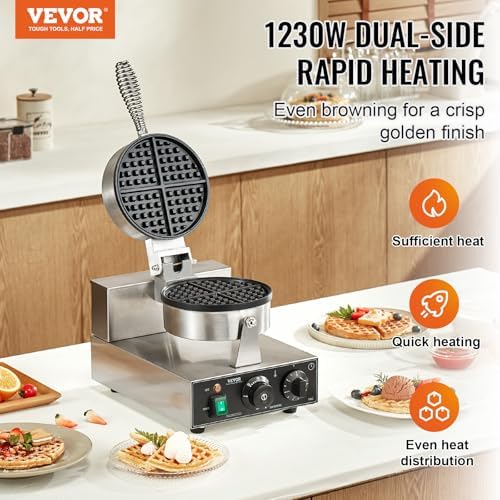 VEVOR Commercial Waffle Maker, 1230W Round Waffle Baker Machine, Non-Stick Stainless Steel Belgian Waffle Iron with Temperature and Time Control, Handle, for Restaurant Bakery Snack Bar Family - Image 2