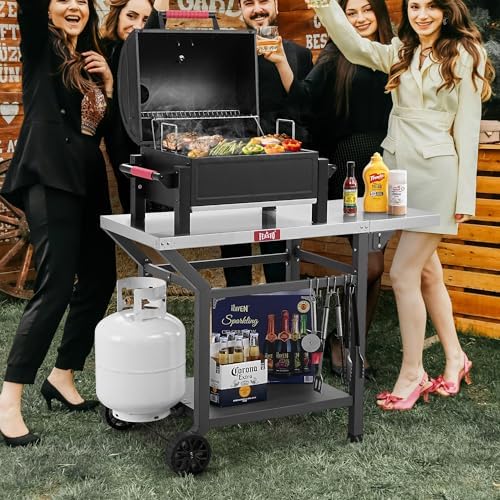 Feasto 43" Lx20 W Grill Table with Folding Side Table & Undershelf, Gray - Image 2