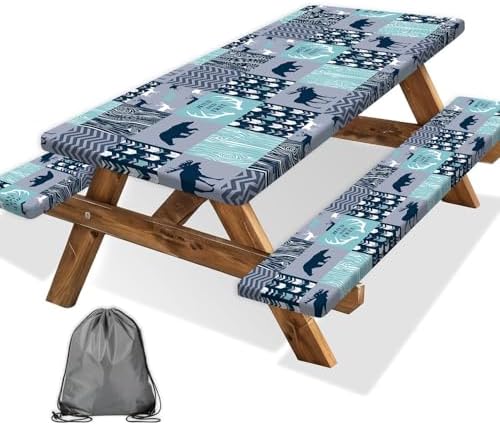 Picnic Table Cover with Bench Covers, Camping Essentials, Rustic Cabin Deer Bear Stripes Waterproof Windproof Patio Table Cover, Fitted Tablecloth Cover with Elastic Edge for Outdoor 3 PCS 30x96 Inch by Xguatan