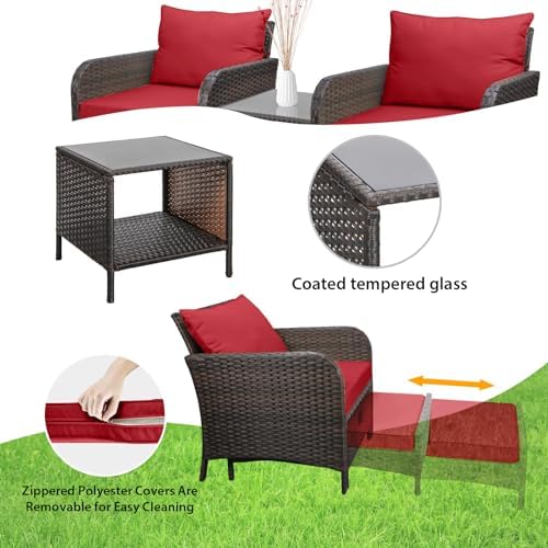 LEVELEVE Balcony Furniture 5 Piece Patio Conversation Set, PE Wicker Rattan Outdoor Lounge Chairs with Soft Cushions 2 Ottoman&Glass Table for Porch, Lawn-Brown Wicker（Wine Red - Image 4