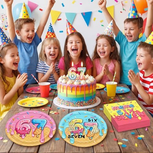 6 7 Birthday Decorations,40Pcs Colorful Donut Ice Cream Theme Six Seven Tableware,Disposable Paper Plates and Napkins Set for Kids Teens Meme Lovers Viral Six Seven Birthday Party Supplies,Serve 20 - Image 6