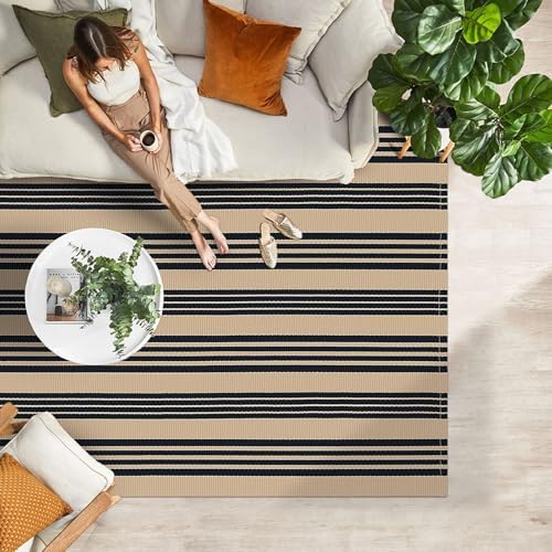 IOHOUZE 4x6 Striped Indoor Outdoor Rug, Washable Front Porch, Black Tan - Image 3