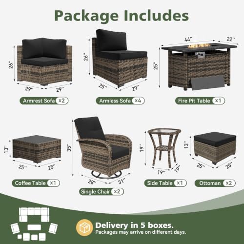 Aoxun 13 Piece Outdoor Patio Furniture Set with 44'' Fire Pit Table, Wicker Rattan Outdoor Furniture with High Back Swivel Rocker Chairs, Outdoor Conversation Set with Thick Cushion & Ottoman, Black - Image 2