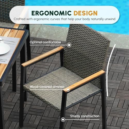 7-Piece Patio Dining Set for 6, Outdoor Dining Set with Wicker Patio Dining Chairs with Acacia Wood Dining Table with 1.75”Umbrella Hole, Brown Grey - Image 5