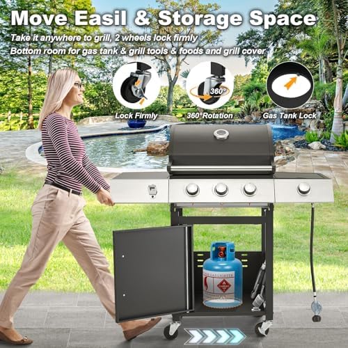 MELLCOM Upgraded 36,000 BTU Stainless Steel Burner Barbecue Grill, 3 Burner BBQ Propane Gas Grill with Cast Iron Grates & Side Stove for Patio, Camping, Outdoor Cooking - Image 3
