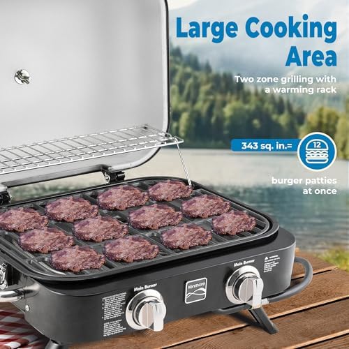 Kenmore Portable Propane Gas Grill - Tabletop BBQ Grill with Warming Rack, 2 Stainless Steel Burners with 14,000 BTUs, for Outdoor Kitchen, Camping, Black - Image 4