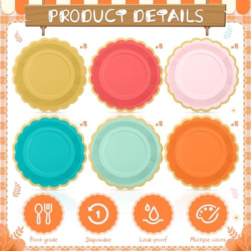 48 Pcs Colorful Coral Paper Plates 9 Inch Scalloped - Image 3