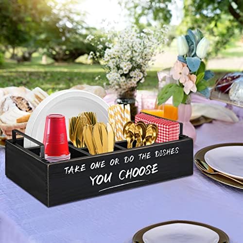 Ameuphercy Wood Paper Plate Dispenser, Paper Plate Holder with Large Cup Holder for Kitchen Counter, Rustic Silverware Utensil Caddy with Large Cup Holder, Utensil Holder for Kitchen Accessories - Image 6