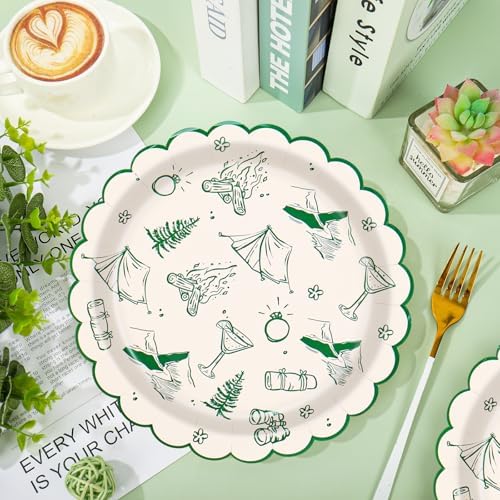 JarThenaAMCS 40Pcs Camp Bachelorette Party Paper Plates Summer Camping Theme Scalloped Disposable Plate Green Dessert Salad Plate for Wedding Bridal Shower Birthday Party Decor, 9 Inch - Image 4