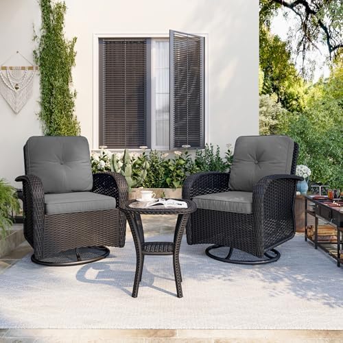 Aoxun 3 Pieces Patio Furniture Set, Patio Swivel Rocker Chairs Set of 2, Wicker Outdoor Bistro Set with Rocking Chair, Thickened Cushions and Table for Porch (Light Grey) - Image 2