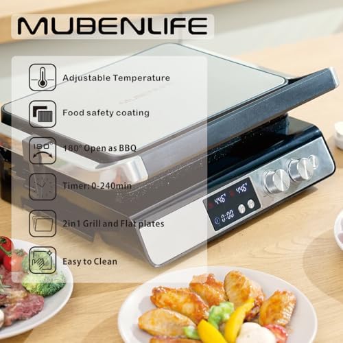 Panini Press,4 Slices Contact Grill with Removable Non-Stick Coated Grill and Flat Plates,Panini Makers with Temperature Control and Timer,Open 180 Degrees,Grill and Griddle (Silver with digital) - Image 2