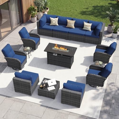Aoxun 14 Piece Outdoor Patio Furniture Set with 44'' Fire Pit Table, Wicker Rattan Outdoor Furniture with High Back Swivel Rocker Chairs, Outdoor Sofa Set with Thick Cushion & Side Table, Navy Blue by Aoxun