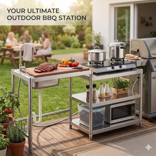 Stainless Steel Kitchen Prep Table with Sink, 3-Tier Multi-functional Washing Hand Basin Station, Utility Free-standing Work Table & Storage Shelves for Backyard BBQ, Garage, Garden - Image 2