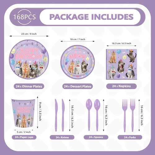 168 Pcs Purple Cat Birthday Party Decorations,Serves 24 - Image 4