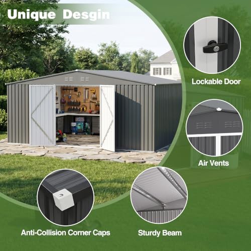 14 x 12 FT Outdoor Storage Shed, Heavy-Duty Galvanized Steel Tool Shed with Reinforced Frame, Lockable Double Door & Side Vents for Backyard Large Equipment,Dark Gray - Image 3