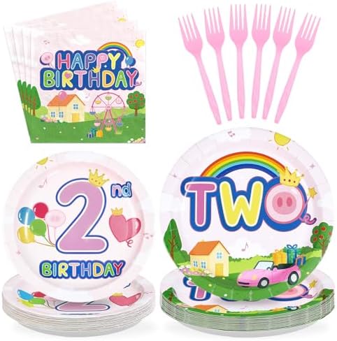 96Pcs Pink Pig 2nd Birthday Party Decorations, Serves 24 by Greencian